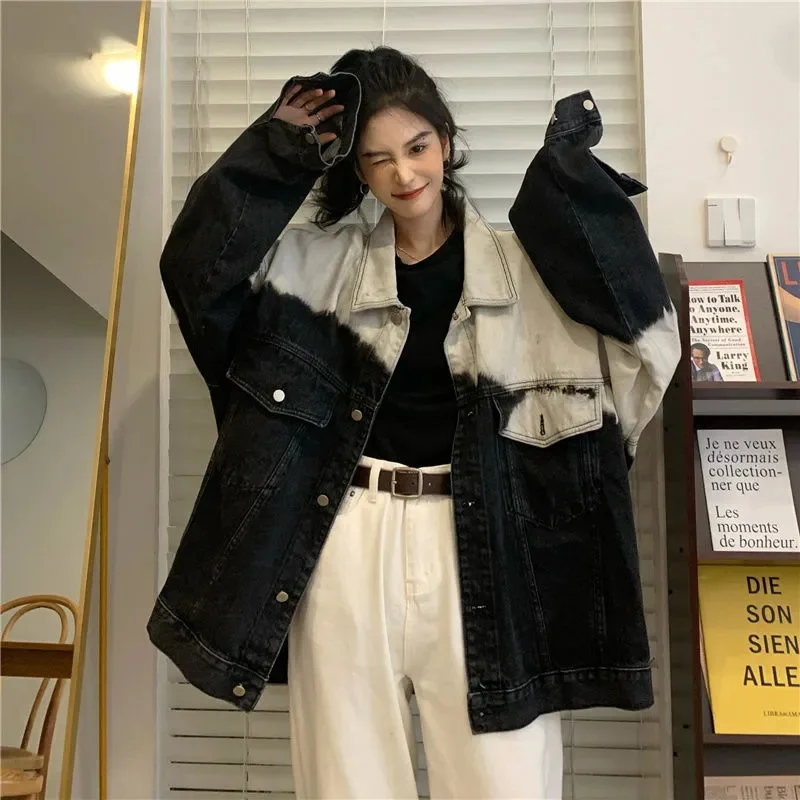 

2023 Spring and Autumn New Korean Version of Niche Design Sense ins Gradient Matching Loose Denim Coat Women's Top Tide Splicing