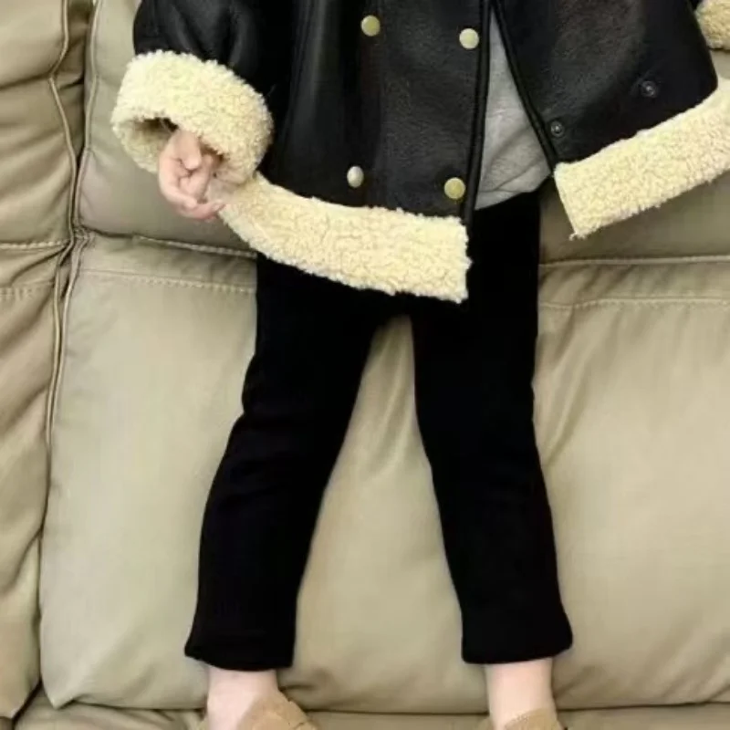 Girls' PU Jacket Autumn/Winter Coat New Plush Korean Edition Children's Thick Fur Integrated Jacket