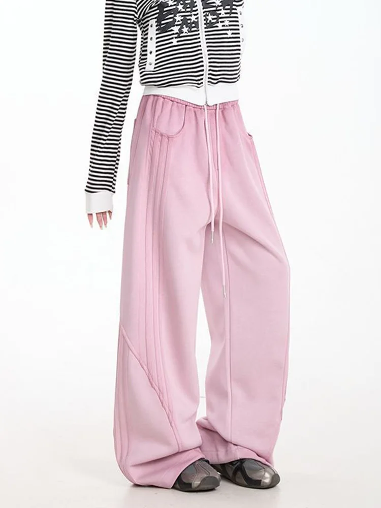Pantalones de chándal Retro americanos de color rosa para mujer, pantalones de estilo pijo Vintage de cintura alta, pantalones holgados informales con cordones para mujer, pantalones Retro que combinan con todo