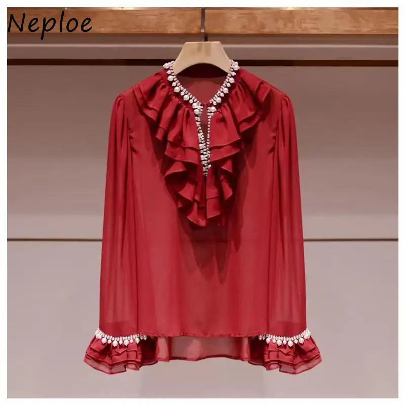 Neploe Loose French Style Commuter Diamonds Heavy Shirt Beading Ruffles Advanced New Blouses Korea Minority Age Reduction Tops