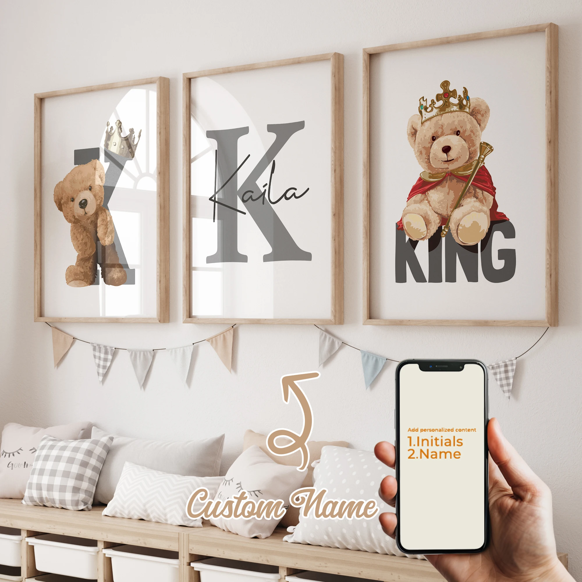 

3pcs Teddy Bear King Shape Name Customization Wall Art Prints Canvas Painting Poster Picture For Living Bed Room Home Decor