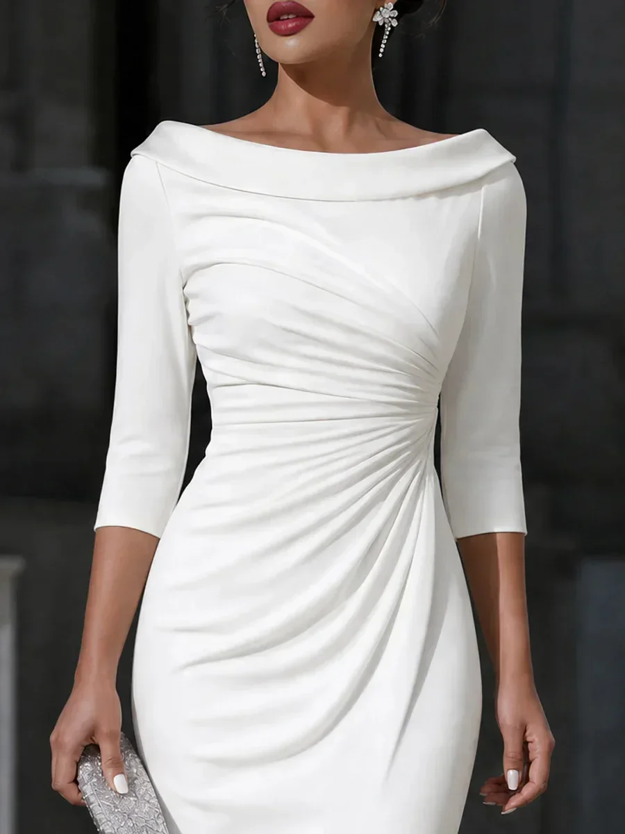 Damen Off-Shoulder Dreiviertelärmel Midi-Bleistiftkleid mit seitlicher Raffung, schmal geschnitten, formelles Outfit für Hochzeitsgäste – Detail 5