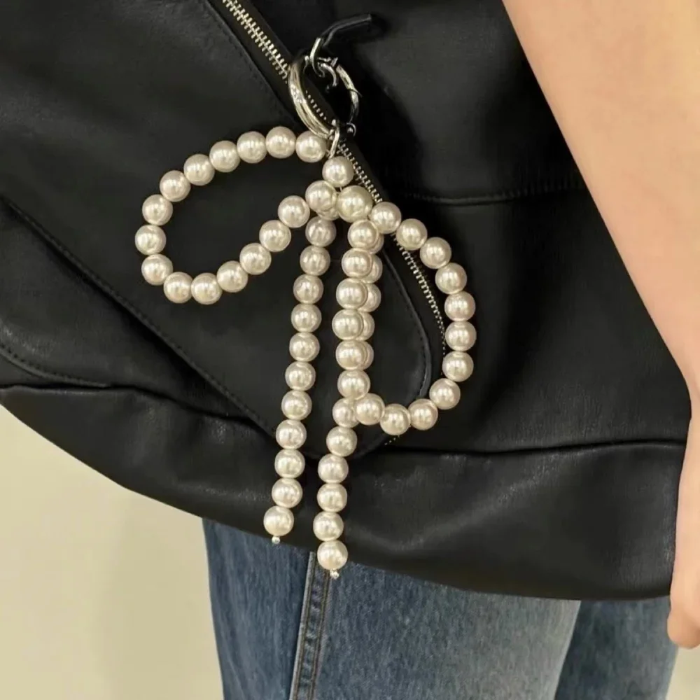 Korean Sweet Beaded Pearl Bowknot Keychain Heart Bags Pendant Keyring Y2K Key Chain Holder for Girl Bag Pendant Accessories