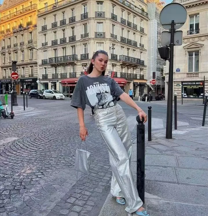 Metallic Jeans Women 2023 Fashion High Waist Wide Leg Denim Pants American Shiny Loose Straight Female Trousers Streetwear