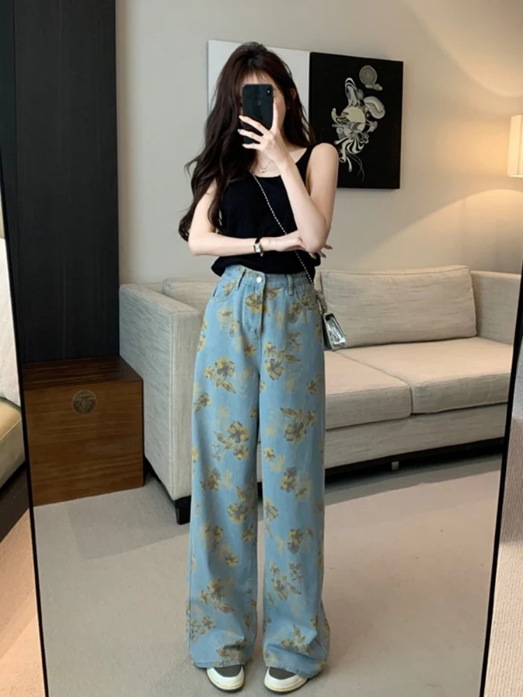Damskie szerokie jeansy z retro kwiatowym wzorem, luźne, zwiewne spodnie do ziemi, codzienne spodnie dżinsowe z wysokim stanem i prostymi nogawkami.