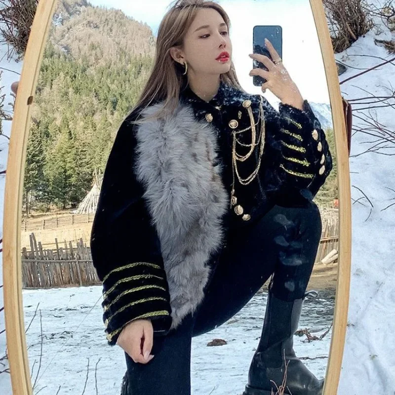 Miiiix American Fashion Spliced Fur One piece women's 2024 Winter New Item Stand Collar giacca allentata abbigliamento femminile