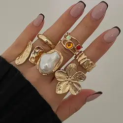 DIEZI One Set Fashion Baroque Pearl Flower Rings For Women Men Girls Punk Gold Silver Color Geometric Knuckle Joint Ring Jewelry