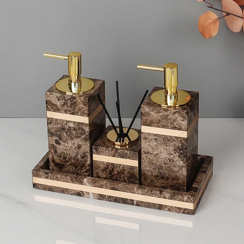 Emperador Dark Natural Marble Bathroom Set Luxury Stone Toothbrush Holder Tooth Mug Soap Dispenser Bathroom Accessories