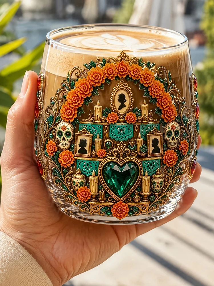 Skull Whiskey Glass Day of the Dead 3D Crystal Rocks Gothic Barware Gold Detail Cocktail Drinkware