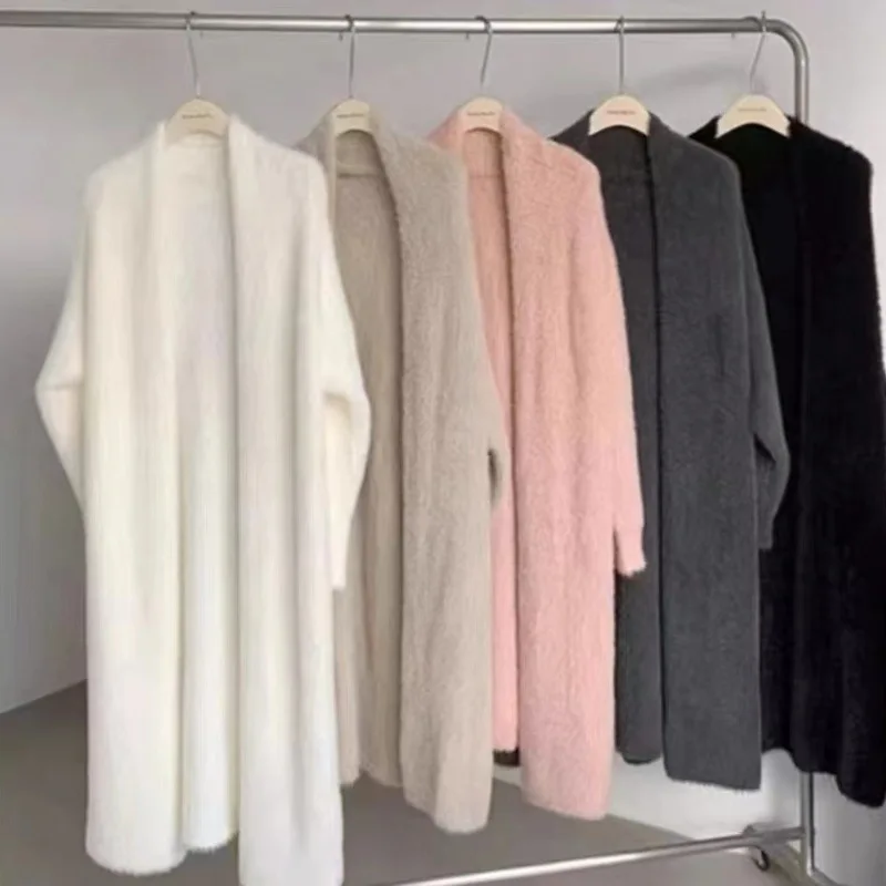 Y2k Autumn Knit Long Cardigan Sweaters Women Korean Elegant Baggy soft V Neck Hairy Tops Fashion Solid All Match Jackets