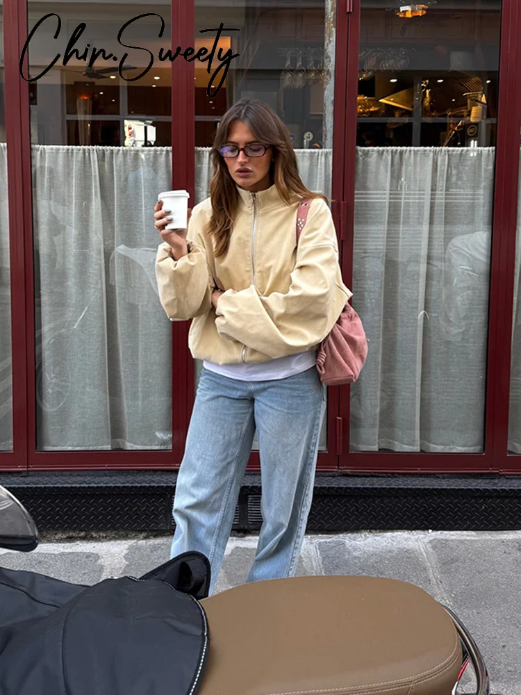 

Повседневная однотонная женская куртка с длинным рукавом и воротником-стойкой, свободные женские куртки на молнии, 2026, весенняя шикарная женская уличная верхняя одежда, новинка