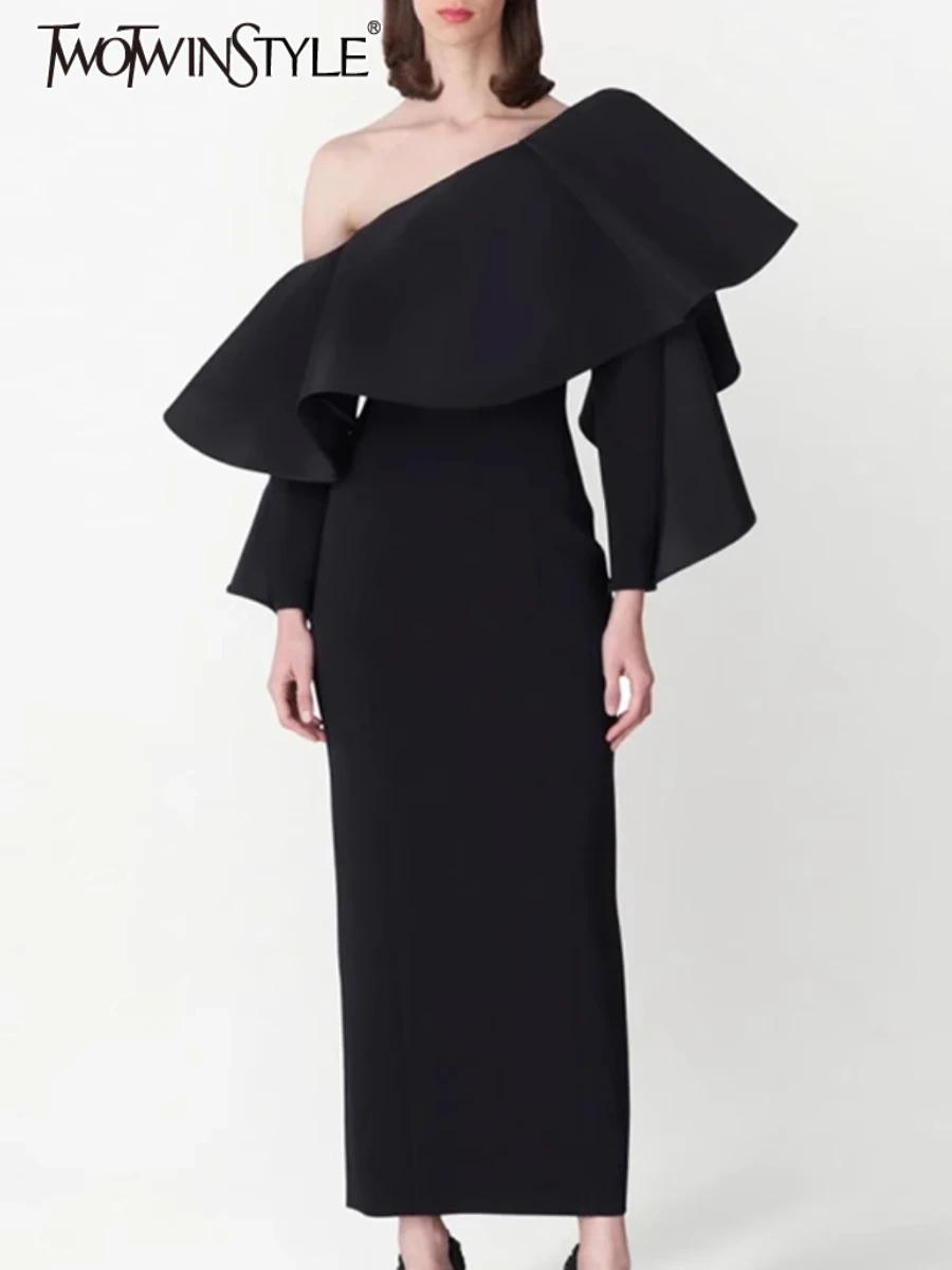 TWOTWINSTYLE Solid Slimming Midi Dresses for Women Diagonal Neck Long Sleeves Patchwork Fungus Temperament Dress Female Clothes