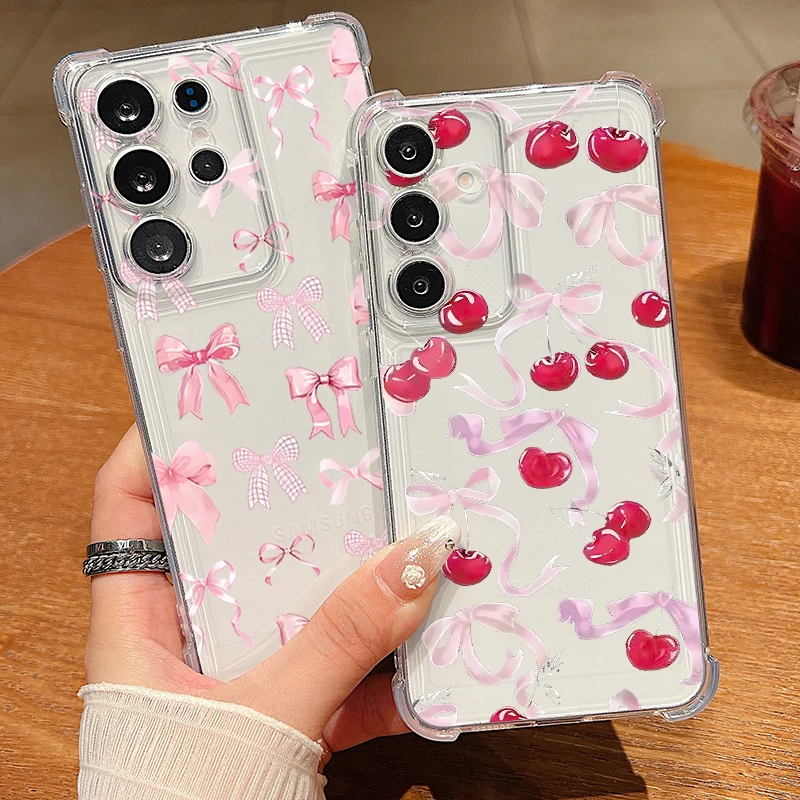Cherry Bow Patterned Clear Phone Case For Samsung Galaxy S26 S25 S24 S23 S22 Ultra Plus S25 Edge S24 S23 FE Soft Silicone Cover