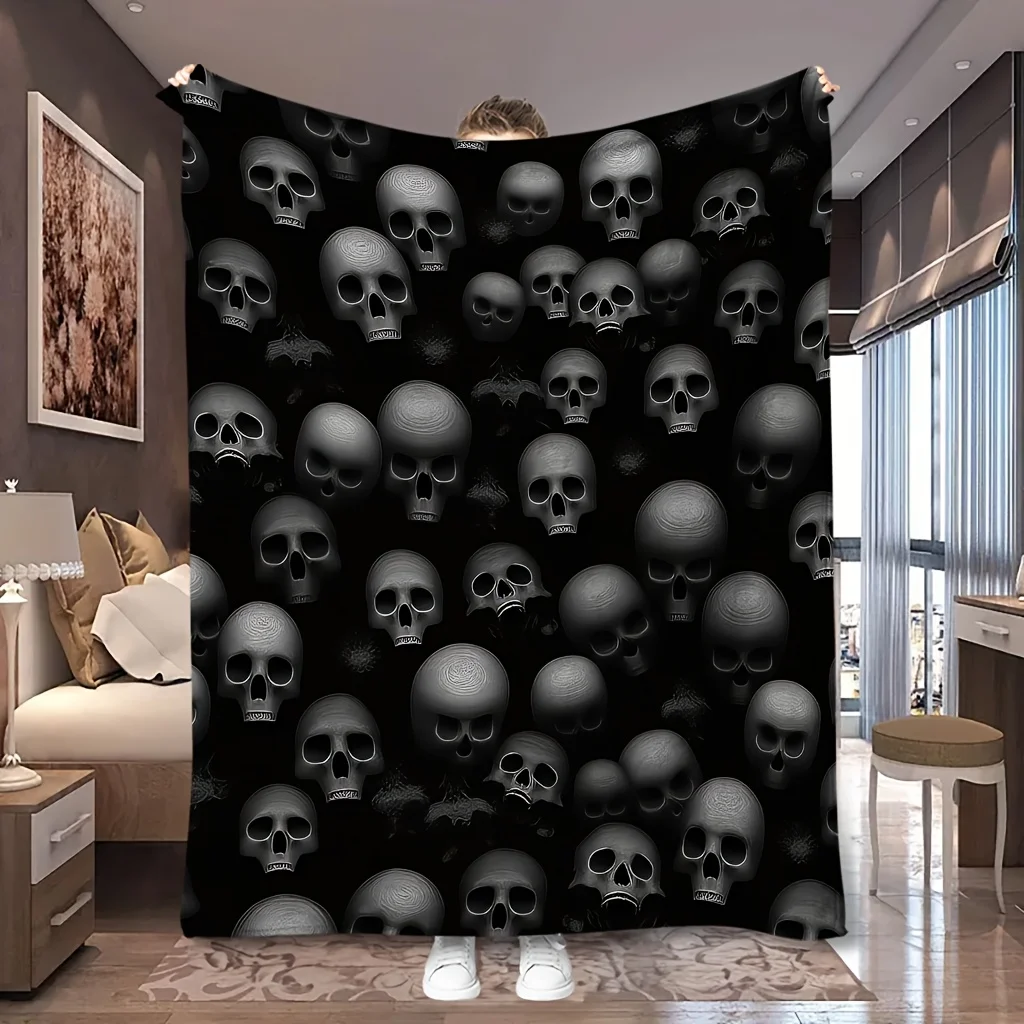 1pc Black Background Grey Skull Halloween Repeating Print Flannel Blanket,comfortable and Skin-friendly,suitable for Blankets,ki