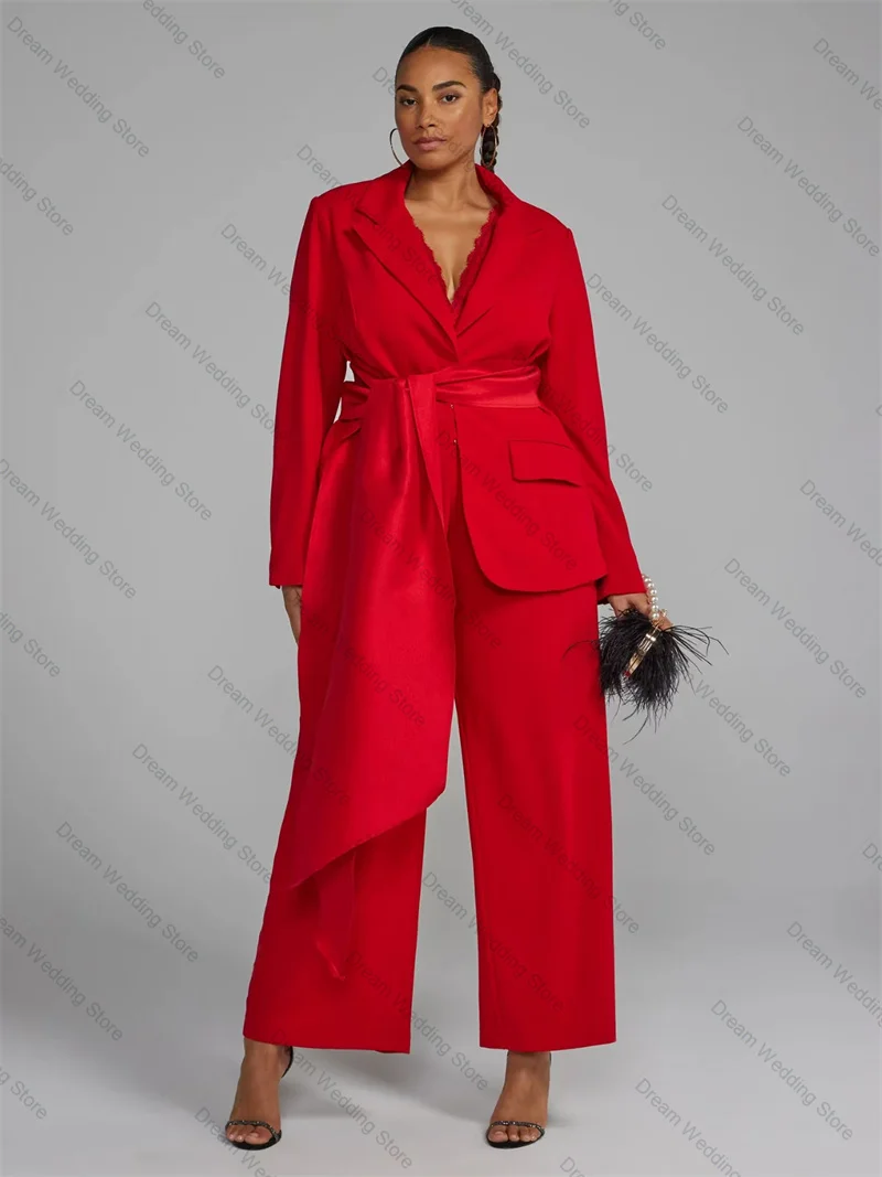

Plus Size Women Suit Set 2 Pcs Blazer+Pants With Belt Autumn Formal Office Lady Jacket Customized Guest Wedding Tuxedos Coat