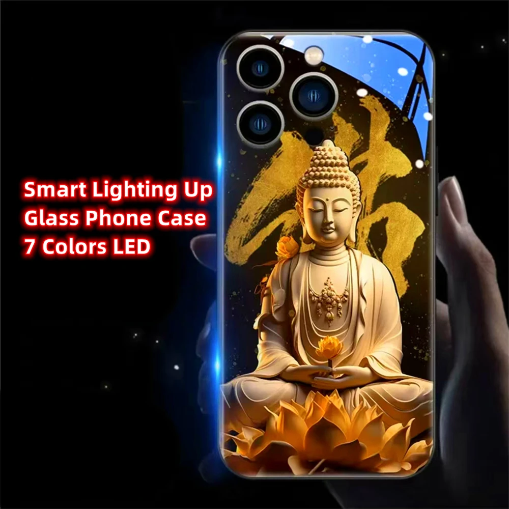 

Fortune Buddha Lotus Design Sound Control LED Flash Case Luminous Glass Cover For iPhone Air 17 16 E 15 14 13 12 11 Pro Max Plus