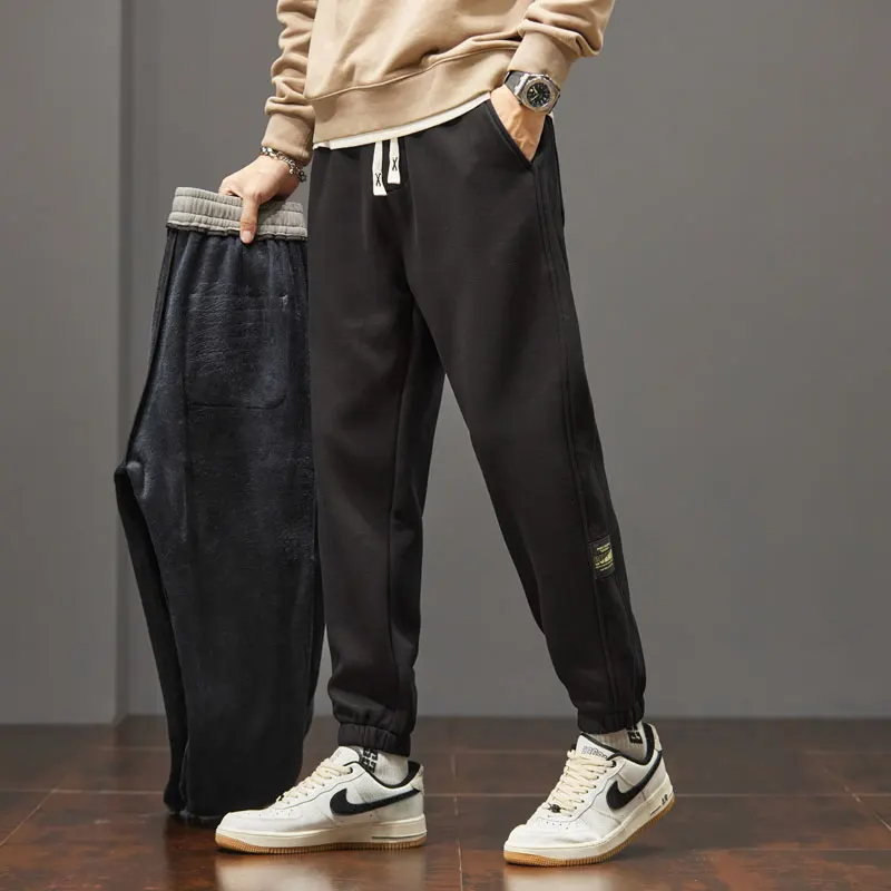 2024 Winter Style Fleece Leggings Sweatpants Men's Trendy Brand Loose Thickened Warm Sports Casual Pants Black Dark Gray