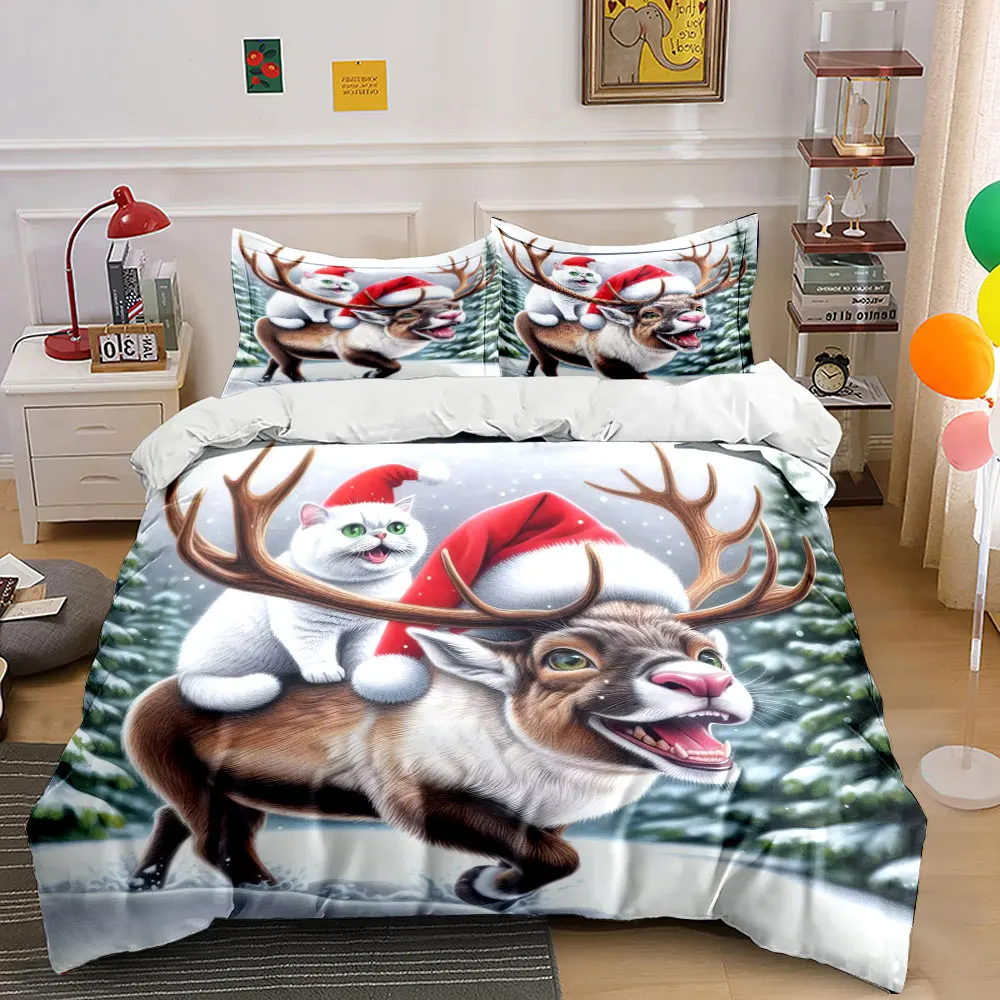 A festive cat with a red hat rides a cheerful reindeer. Print Duvet Cover Bedding Set Included 1*Duvet Cover 2*Pillowcases