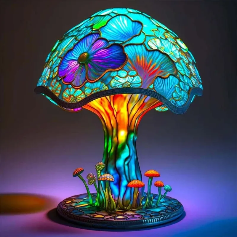 Creative Stained Plant Series Table Lamps Resin Colorful Bedroom Bedside Flower Mushroom Retro Table Night Lamp Atmosphere Light