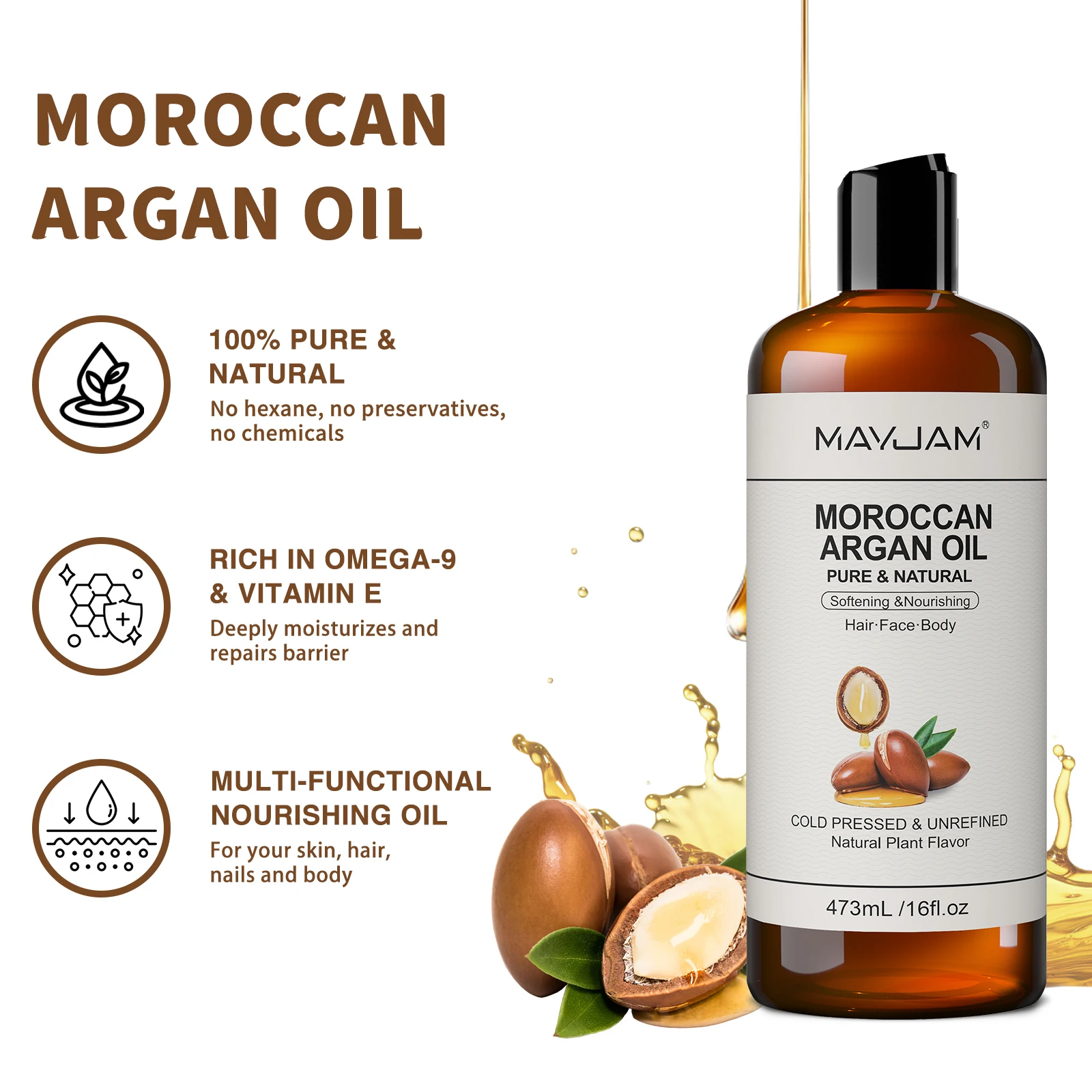 MAYJAM Pure Natural Moroccan Argan Oil Massage On Face, Hair, Body Sweet Almond Oil Cold Pressed USDA Certified 473ml Face Oil