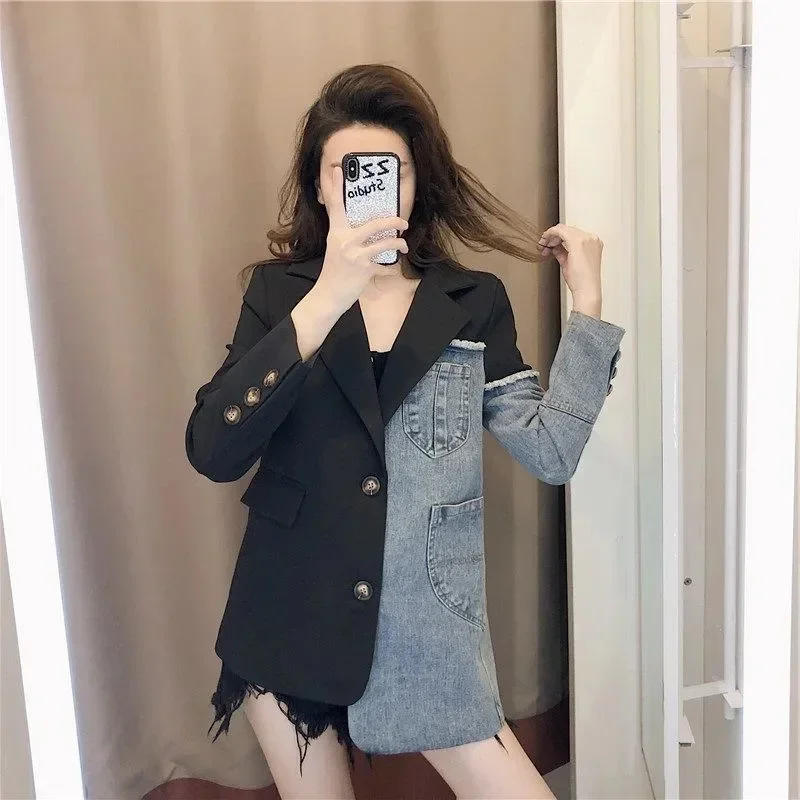 LIBIELIY Women's Blazers 2025 Autumn Korean Fashion Casual Long Sleeve Loose Single Breasted Denim Patchwork Suit Jacket Women O