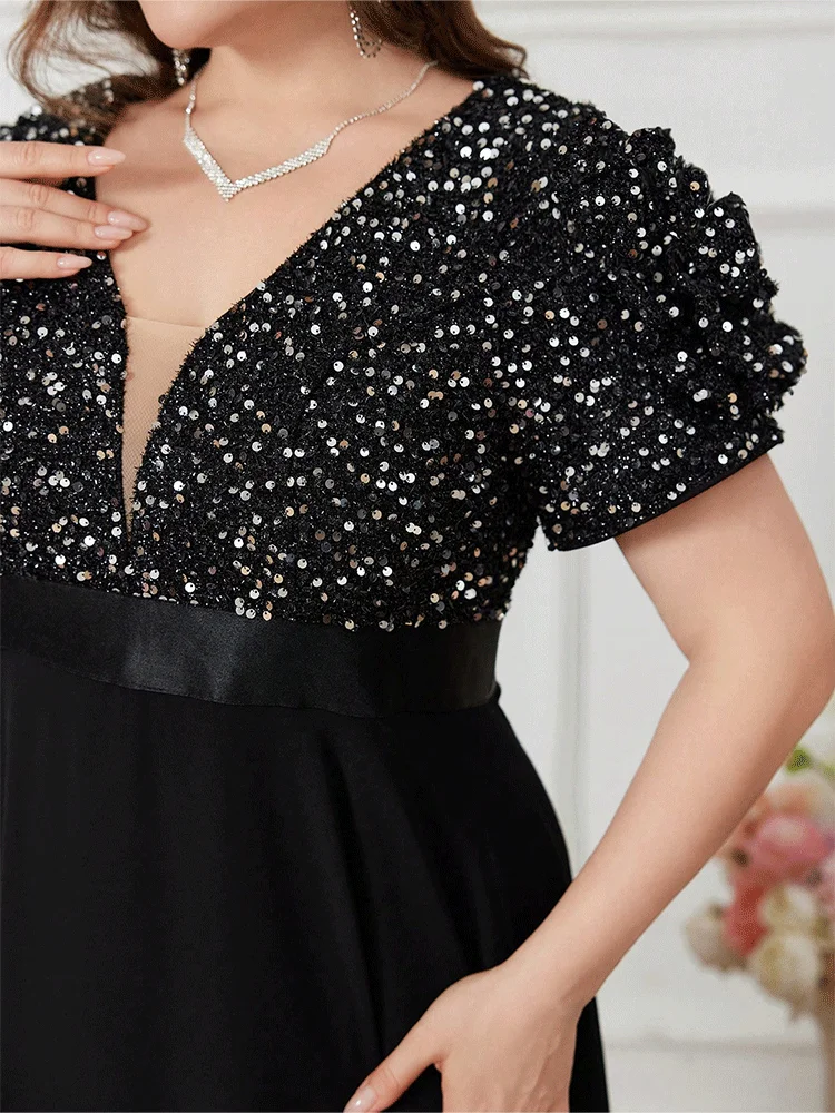 Grande taille col en v noir longueur au sol robe de soirée brillante grande taille en mousseline de soie demoiselle d'honneur de luxe 4xl5xl robe de soirée de mariage pour dames