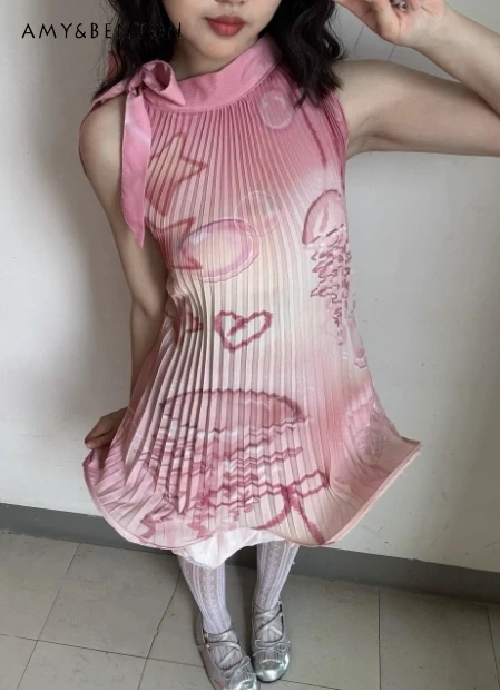 Abito sottoltura stile punk cartone animato stampato a lisca di pesce per le donne Gotico dolce ragazza cool halter onda abito in chiffon Y2K abiti tutu