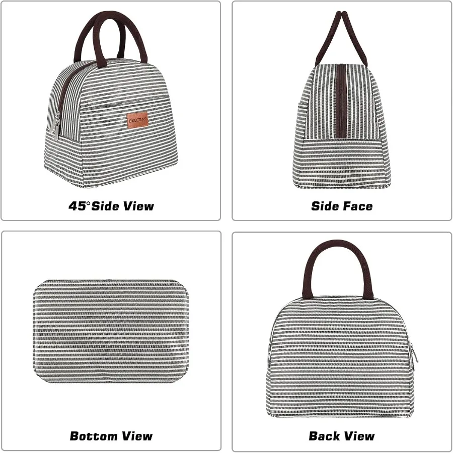 حقيبة غداء للنساء والرجال صندوق غداء معزول للبالغين حقيبة غداء قابلة لإعادة الاستخدام للعمل والنزهة أو السفر بخطوط سوداء وبيضاء #5