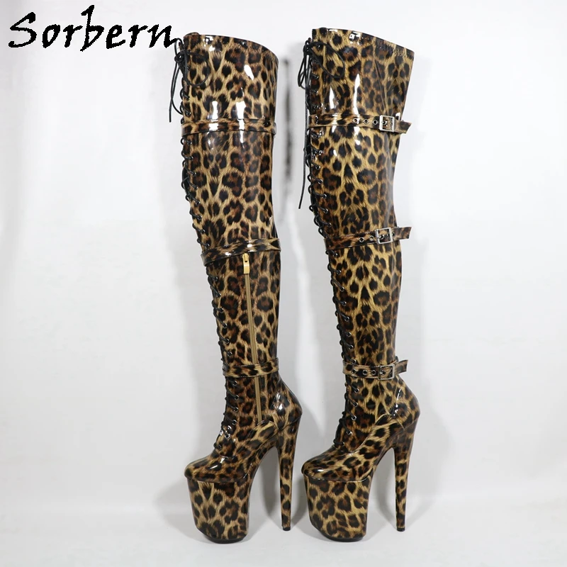 Sorbern Brown Lepoard Mid Thigh Boots Women Stripper Heel 20Cm Pole Dance High Heel Shoes Custom 15Cm 17Cm 23cm Wide Legs