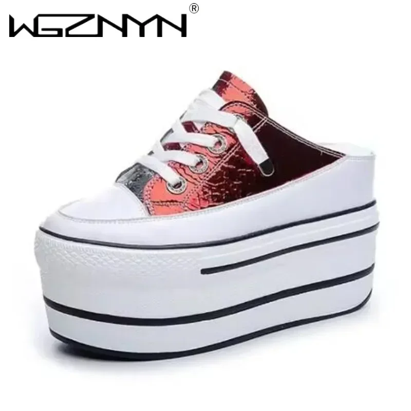 

HOT SALE 10cm Mules Shoes Sandals Genuine Leather Women Sneakers Slippers Summer New Brand Luxury Casual Shoes Women's Fashion