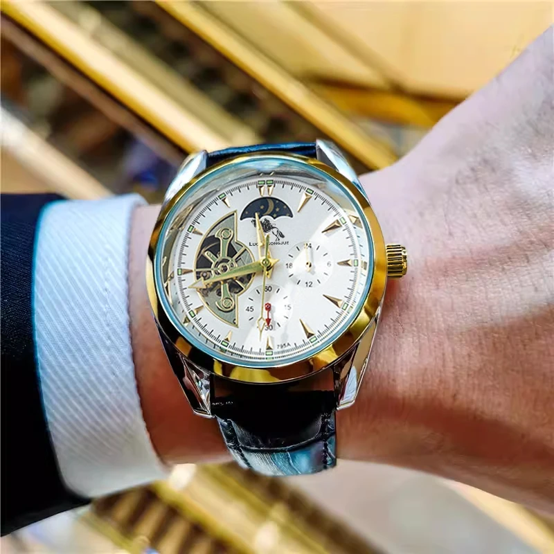 【Coole automatische mechanische Herrenuhr】Automatische mechanische Herrenuhr, Herrenuhr mit halbkugelförmigem Design, hoher ästhetischer Wert, coole und beliebte Herrenuhr, Mondphasenanzeige, das