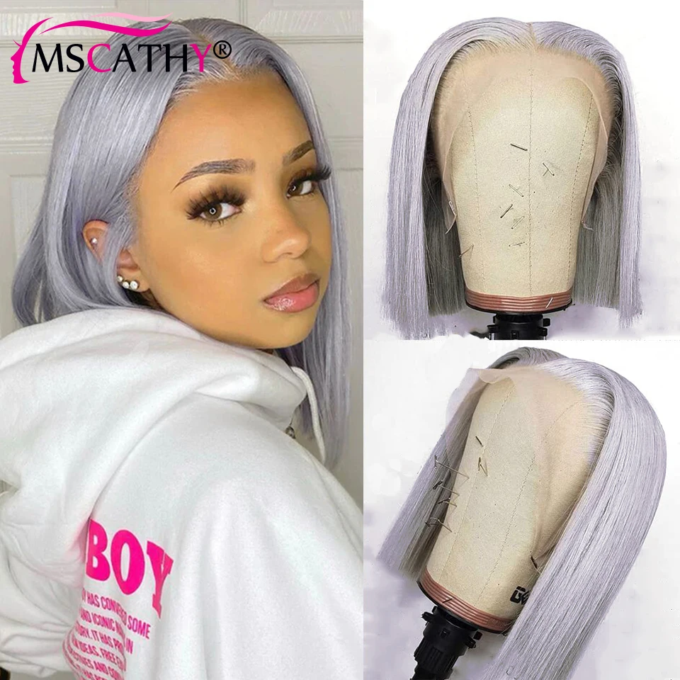 

Silver Gray Virgin Human Hiar Lace Front Wig Grey Colored Bob Wigs For Women Short Straight Bob HD Transaprent Lace Frontal Wig