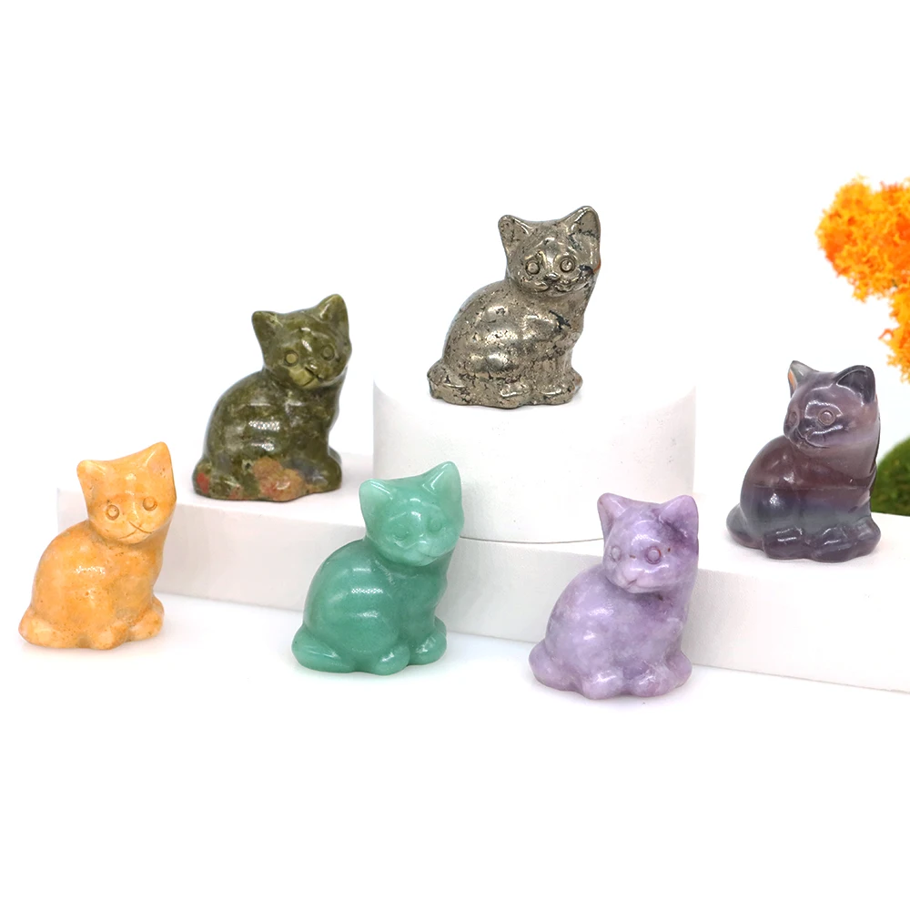 

1.2" Cat Statue Natural Reiki Healing Stone Crystal Quartz Lucky Gift Gemstone Craft Home Decoration Animal Carved Figurines