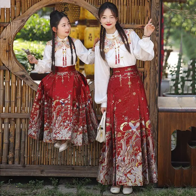 2025 Ming Dynasty Girls' Chinese Style Parent Child Clothing Mother and Daughter Tang style Hanfu Horse Face Skirt Suit LH749