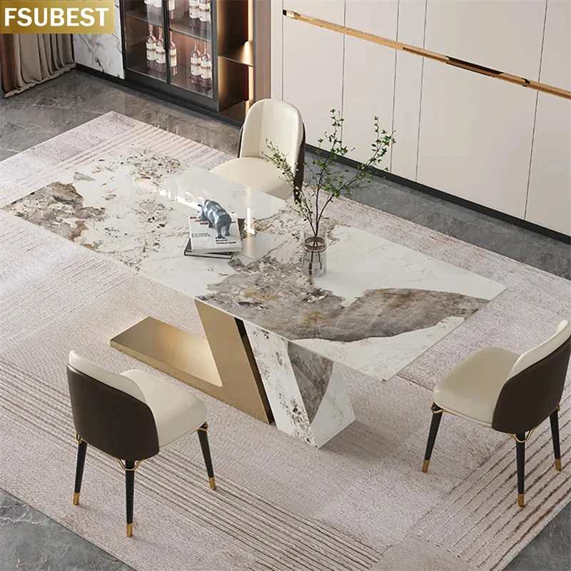 Luxury Rock Slab Kitchen Dining Tables With Chairs Set Metal Titanium Glaze Gold Base Faux Marble Top Table Mesas Com 4 Cadeiraa