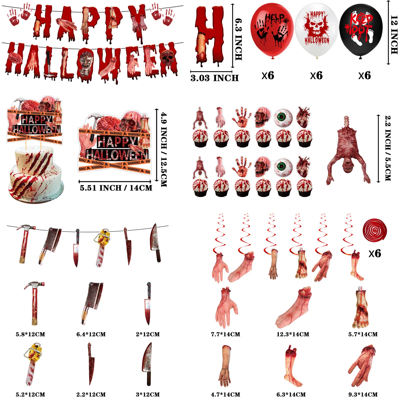 Bloody Severed Limbs Halloween Party Decor, Horror Halloween Banner Balloon Cake Topper for Haunted House Scary Party Supplies