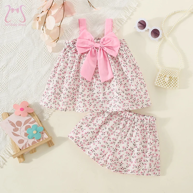 

2Pcs/Set New Baby Girl Children Clothes Suit Summer Cool Chiffon Infant Costume Floral Bow Tops Shorts For 0 to 3 Years Old Kids