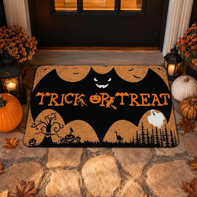 VIKAMA Halloween Trick or Treat Doormat Bat Ghost Pumpkin 2D Print Non‑Slip Entrance Floor Mat Front Door Holiday Home Decor