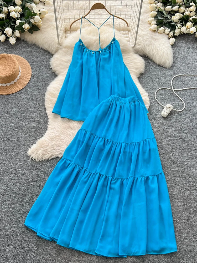 

Синий Vaion Wear, женский летний свободный топ с высокой талией, юбка с кружевным дизайном, повседневная французская юбка средней длины