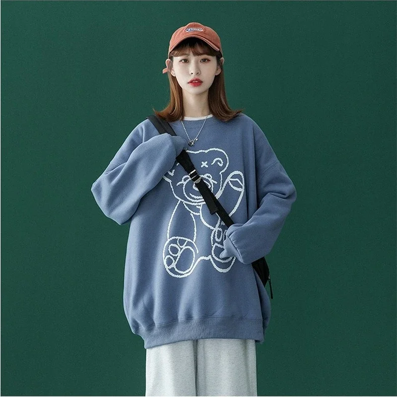 

Cartoon Teddy Bear Pullover Women O-Neck Long Sleeve Long Style Sweatshirts Spring Autumn Couple Clothing Simple Fashion Sweater