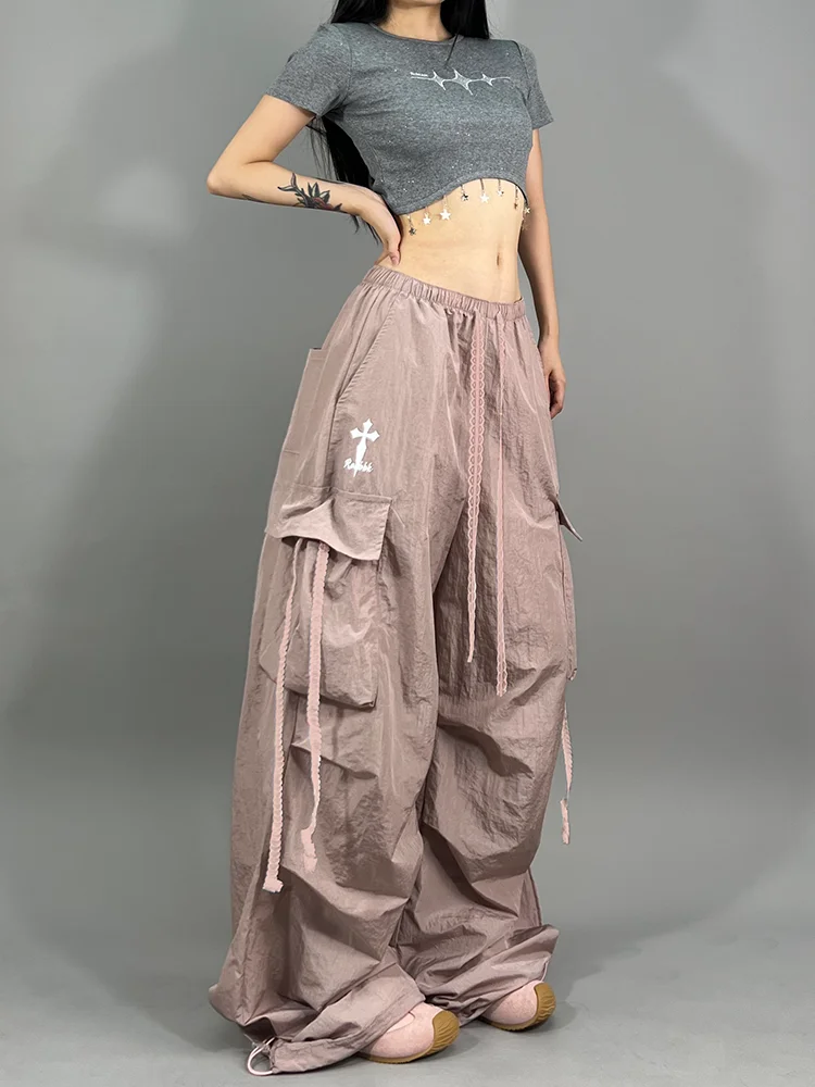 Luźne spodnie damskie w stylu jazzowym, streetwear, do pracy, amerykańskie, codzienne, asymetryczny krój, wygodny materiał nylonowy.