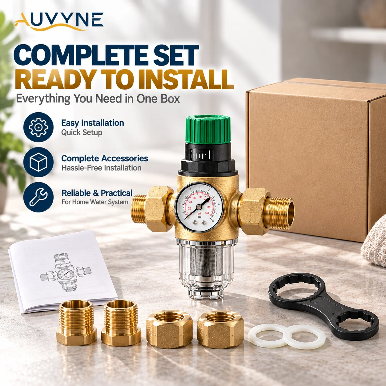 AUVYNE Adjustable Brass Water Pressure Regulator Valve with Gauge and Sediment Pre-Filter for Whole House Plumbing