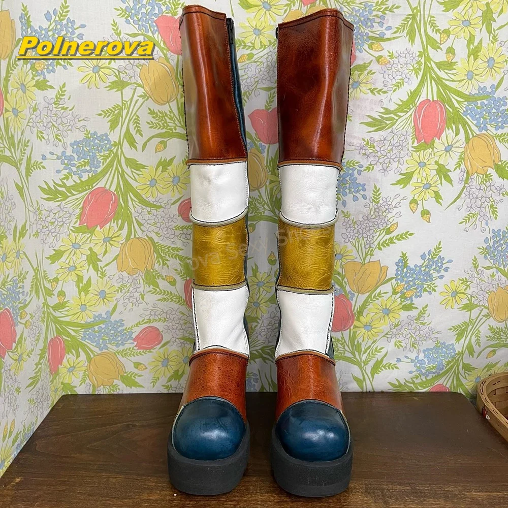 Women Retro Patchwork Leather Knee High Boots Color Block Chunky Platform Block Heel Vintage Y2K Streetwear Fashion Shoes 2026 view 3