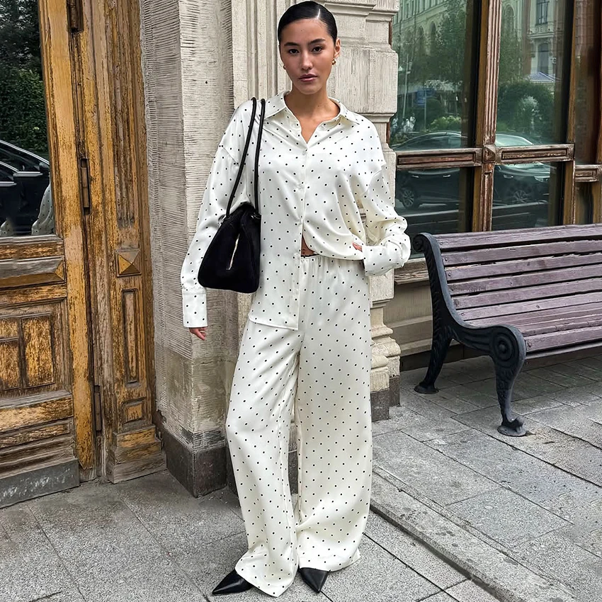 

Linad Street Chic Свободные брюки в горошек Осенняя блузка с длинным рукавом 2025 и широкими брюками Женские повседневные костюмы из 2 предметов