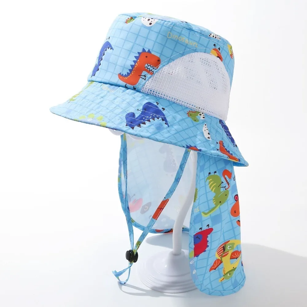 

New Dinosaur Printed Fisherman Hat Wide Brim Mesh Beach Hat Anti-UV with Shawl Sunscreen Hat Boys Girls