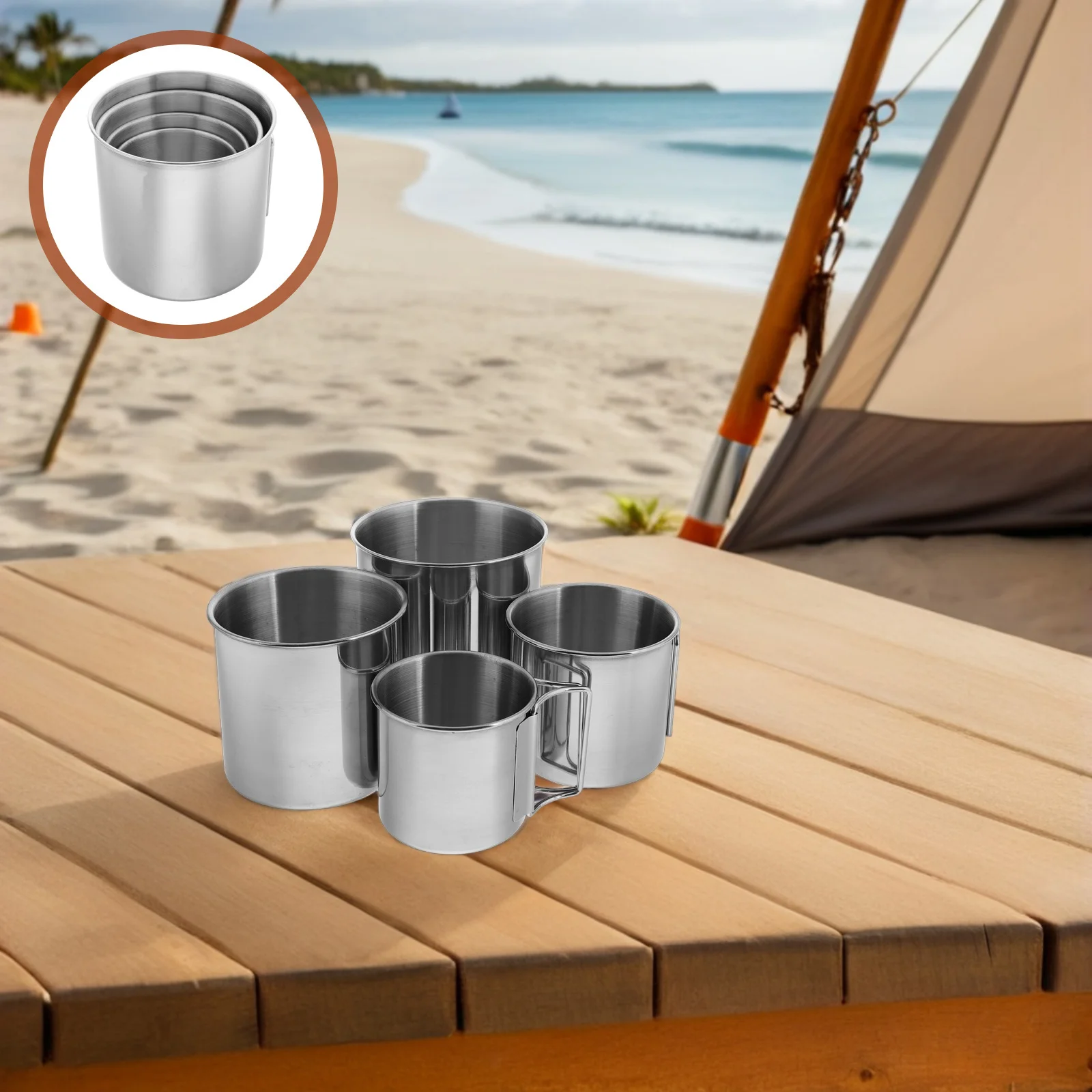 

4pcs Stainless Steel Camping Cup Foldable Handle Portable Outdoor Adventure Water Tumbler For Travel Hiking Bbq Picnic Cookware