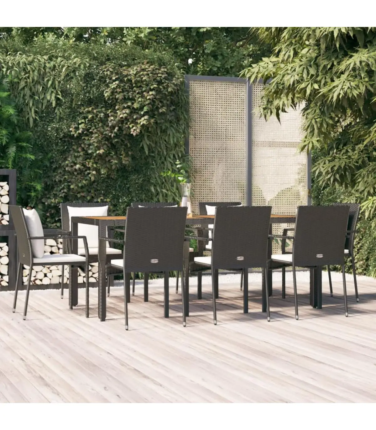 Garden sets garden dining Set 9 PCs and black synthetic rattan cushions