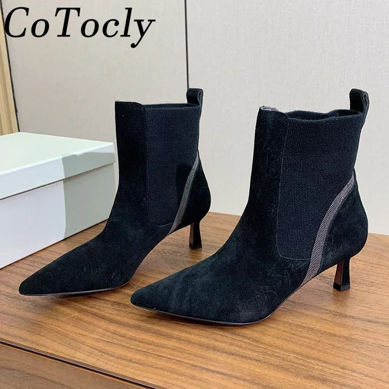 

Sexy Kitten Heels Ankle Boots For Women Pointed Toe Chain String Bead Runway Shoes Female Cow Suede High Heels Short Boots Woman