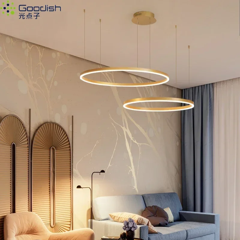 

Minimalist Modern Brushed Circle Golden Rings LED Pendant Lights Art Creative Lamps for Living Room Home Decoration Chandelier