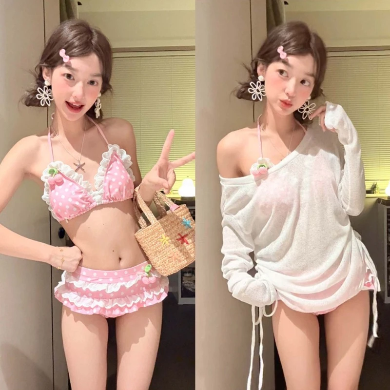 Y2k Cute Kawaii Two-Piece Bikini Set Sweet Lolita Style Swimwear Hot Girl Sweet Print Dot Cherry Patchwork Pool Party Summer
